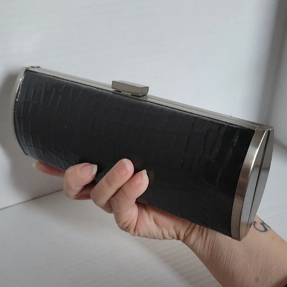Unlisted Black Clutch Bag Evening Cocktail Metal Croc Embossed Women's Woman's